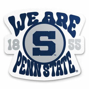 decal We Are Penn State in 70s groovy bubble text around large block S